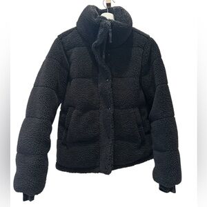 Women’s Black Teddy Sherpa Puffer | Cozy Plush Zip-Up Winter Coat | Size S